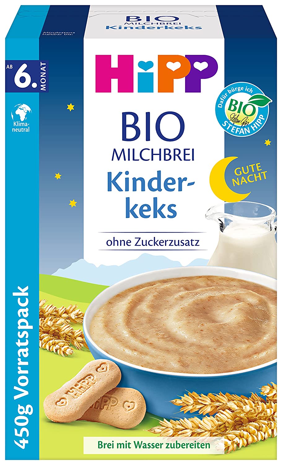 HiPP Bio-Milchbreie ohne Zuckerzusatz, Gute-Nacht-Brei Kinderkeks, Vorratspackung (4x450g)