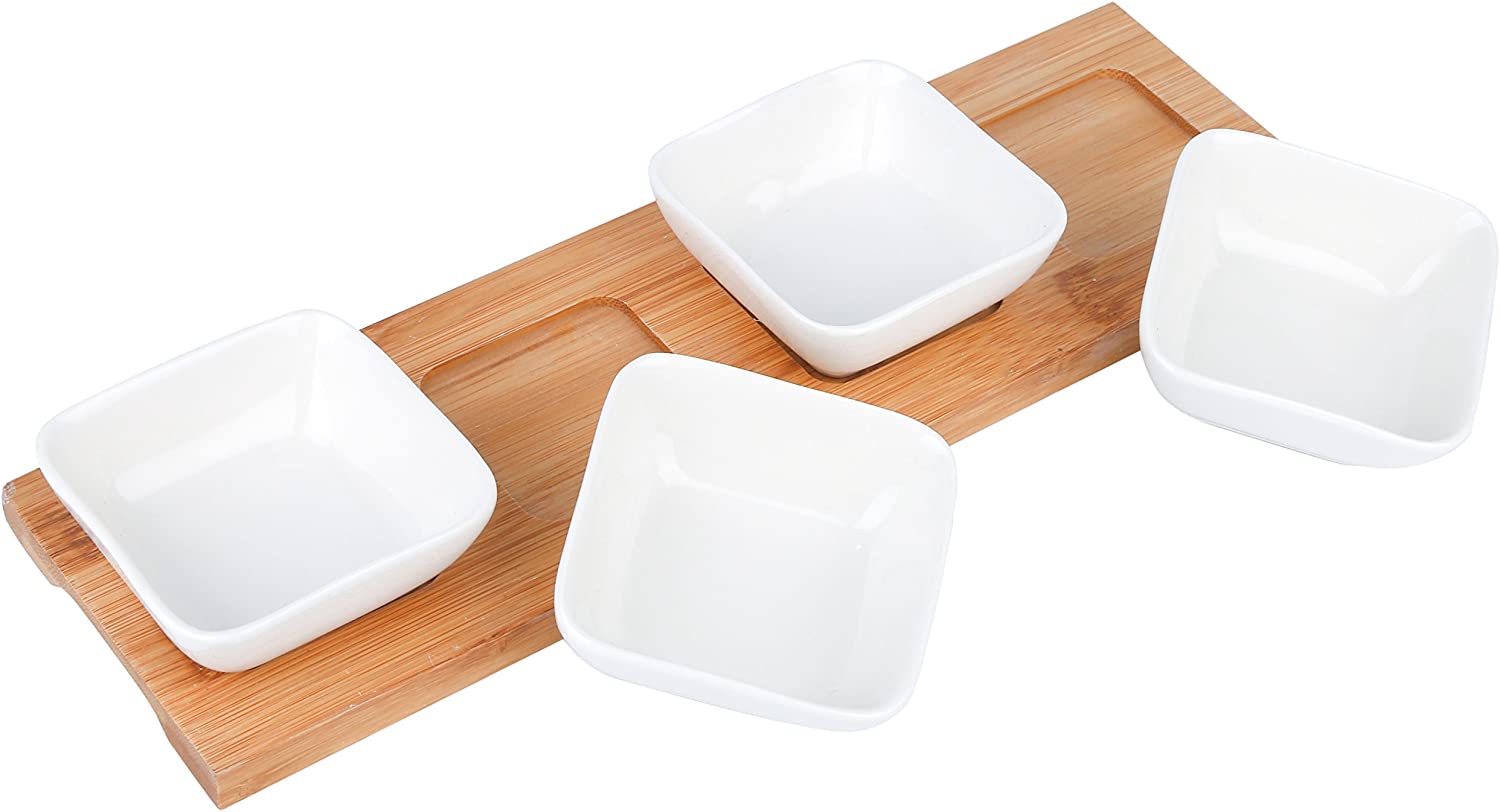 Vancasso 4 porcelain serving bowls with a bamboo tray, 5 piece set, dessert snack dips bowls.