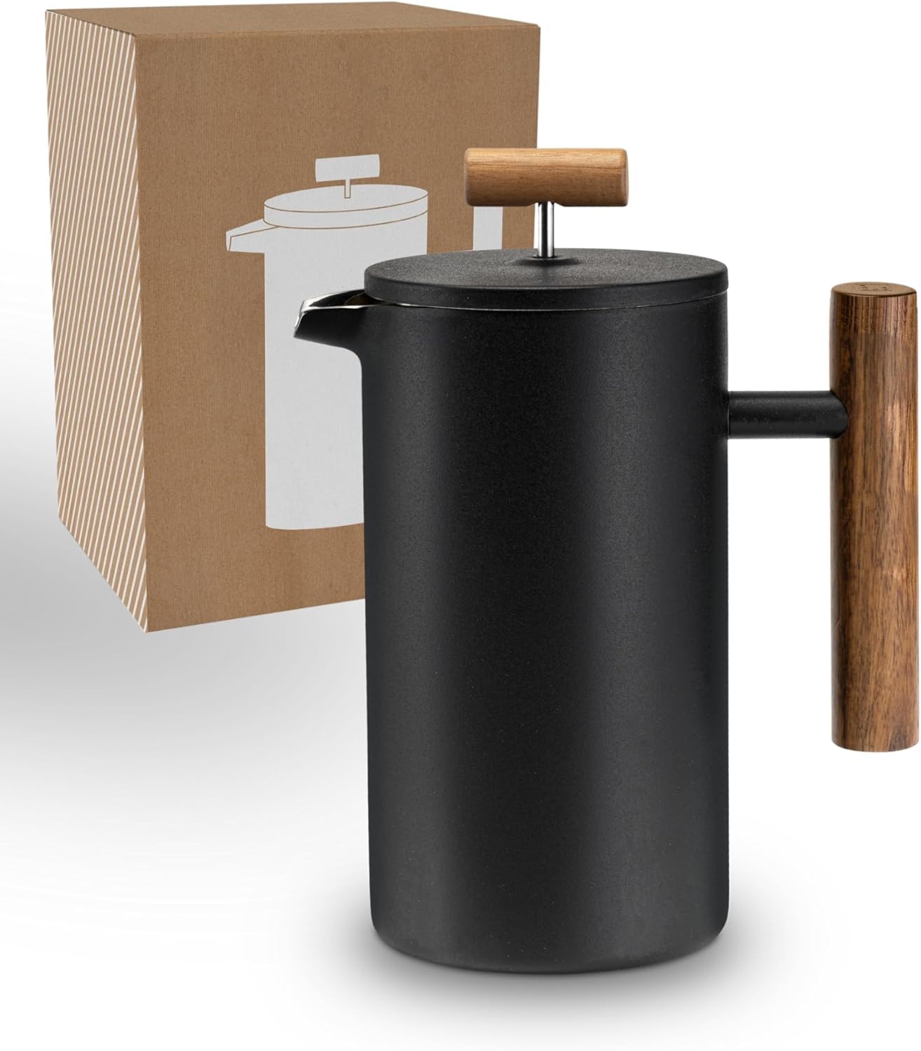 Lambda Coffee® french press made of stainless steel and wood for the perfect coffee; coffee maker, double-walled, manual coffee machine and coffee press, black