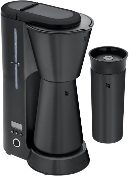 WMF Küchenminis Aroma Filter Coffee Machine with Thermos Flask, 870 Watt, Thermal Mug to Go, Small Coffee Machine to Go, Timer, Stainless Steel, Matte Black