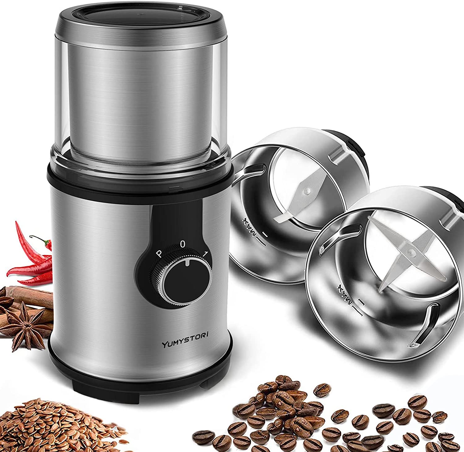 Yumystori Electric Coffee Grinder, 350 W Spice Mill, Electric and Coffee Grinder, 110 g Capacity, Electric Coffee Grinder, Stainless Steel for Coffee Beans, Flax Seeds, Nuts, Spices, Grains