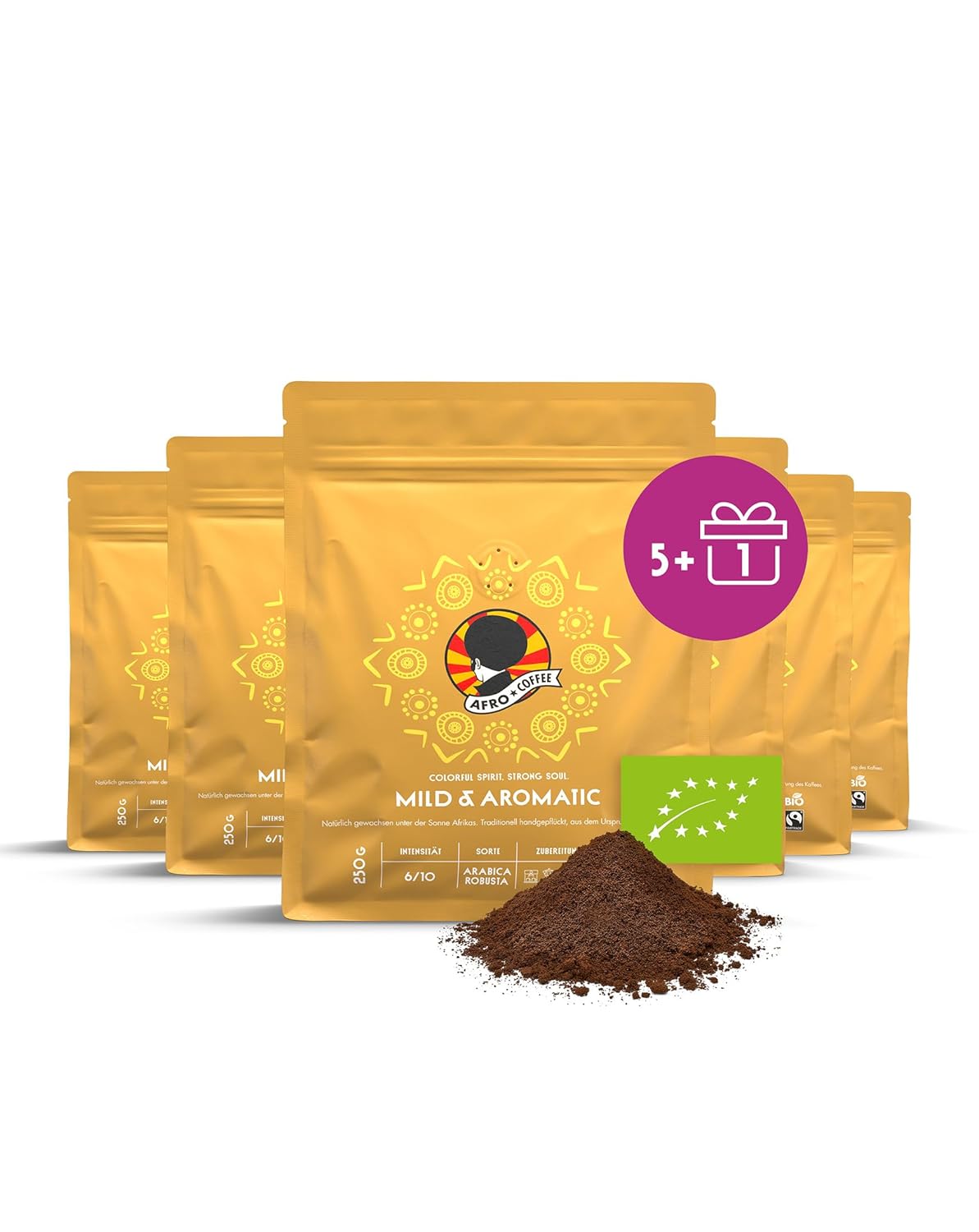 AFRO COFFEE Mild & Aromatic I 5+1 Offer 250 g Premium Organic Coffee Powder Fairtrade I Arabica & Robusta Coffee I Ground Coffee from East Africa with Floral Note, Hand Picked, Medium Roasted, Low