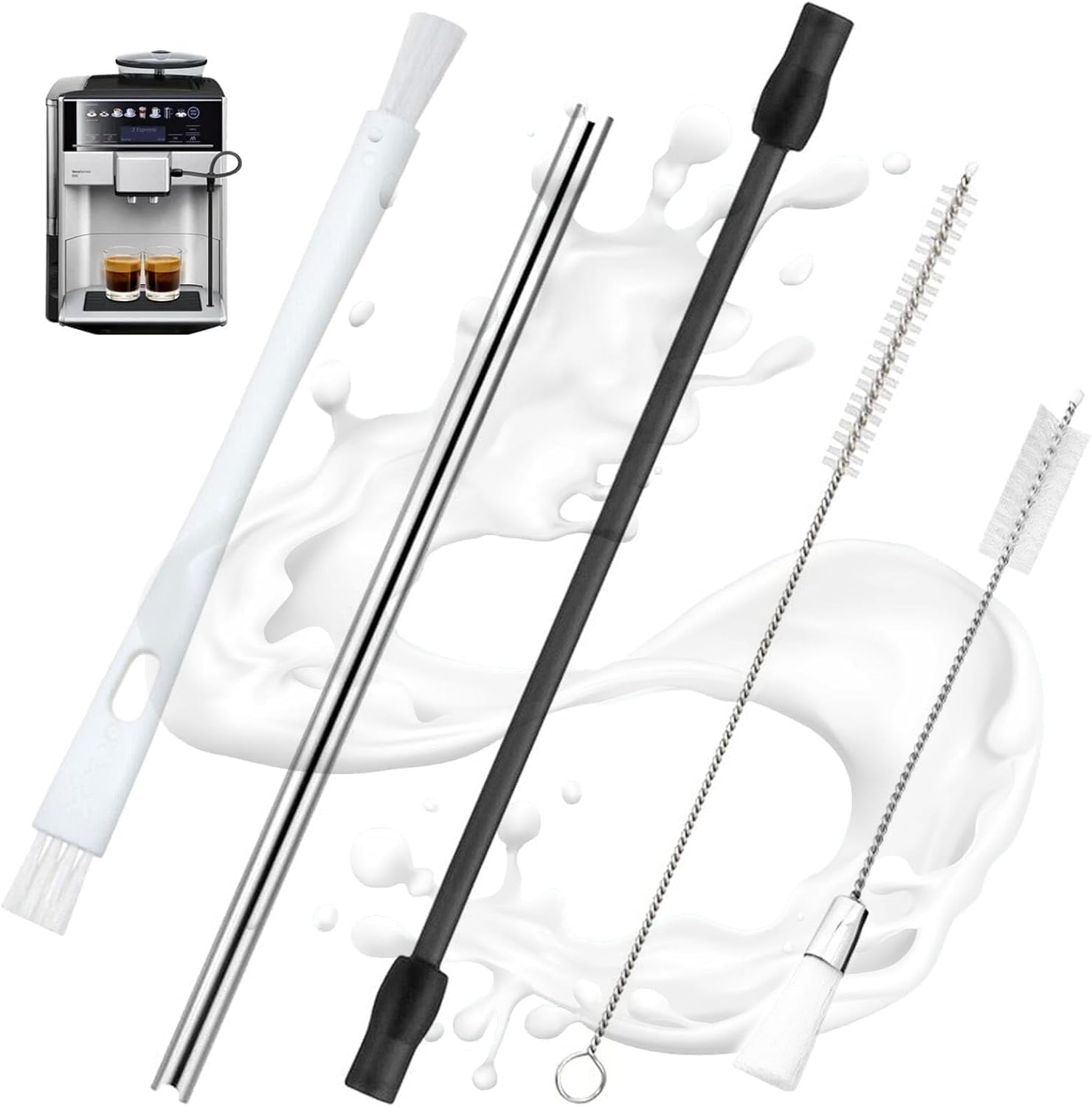 VZU Set of 4 Milk Hose, Milk Hose, Stainless Steel Set for Siemens EQ6, with Cleaning Brush, Compatible with Bosch VeroAroma Fully Automatic Coffee Machines, Ideal for Perfect Coffee Enjoyment