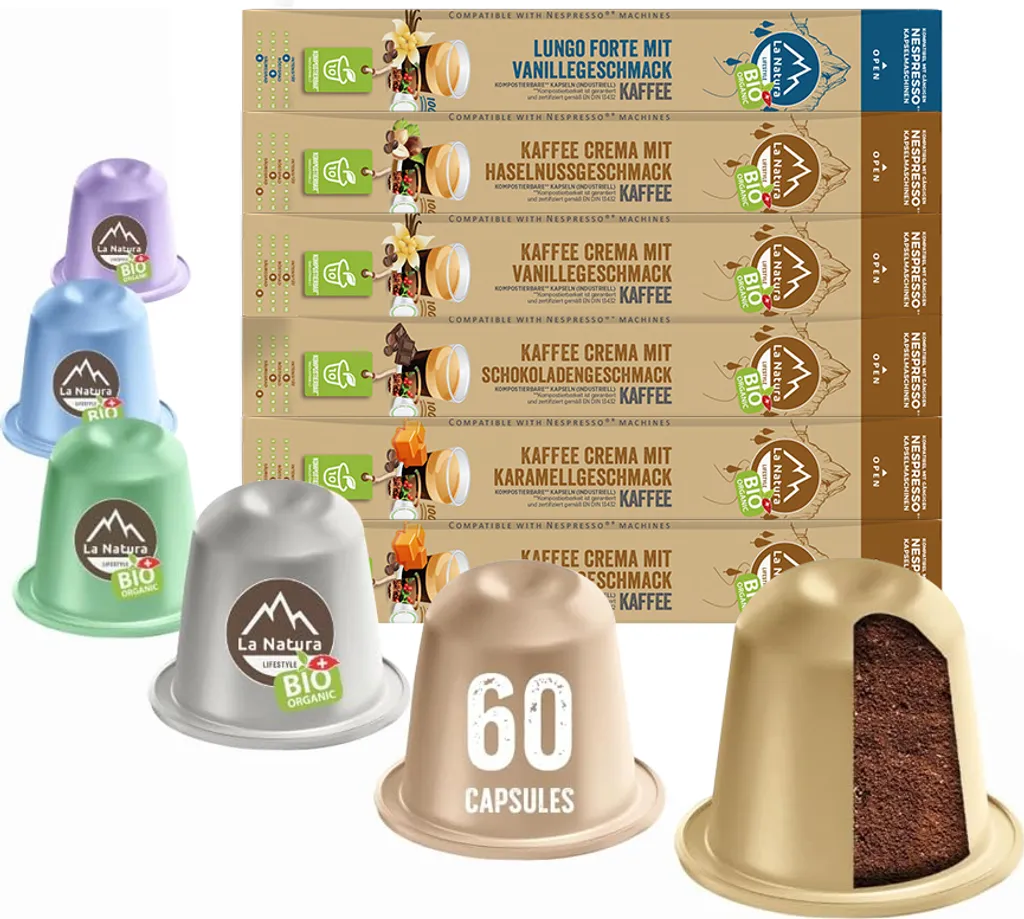 COFFEE FLAVORED BOX | 60 Industrially Compostable² Coffee Capsules for Nespresso®³ Capsule Machines | La Natura Lifestyle