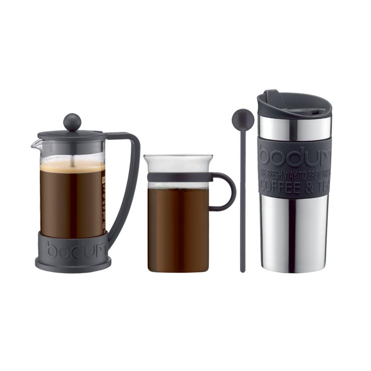 Kaffeset with stamp jug, cup, travel mug and spoon