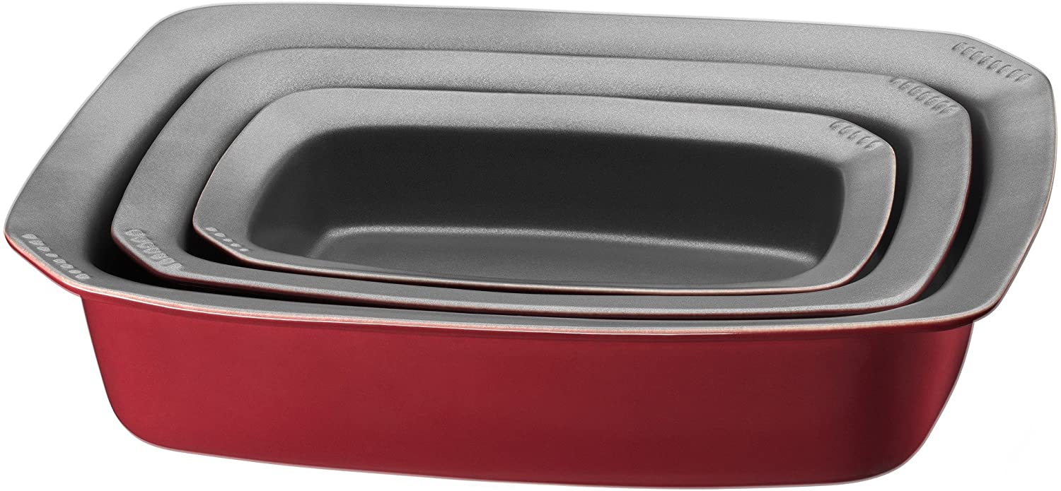 WMF Kaiser Inspiration roasting and baking dish set, 3 pieces, ceramic non-stick coated, heat-resistant, stackable in a microwave-safe manner, 31.5x 23.5x 7 cm, red