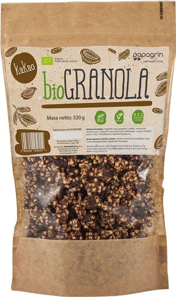 KAKAO-GRANOLA OHNE ZUCKERZUSATZ, GLUTENFREI,320 g - PAPAGRIN