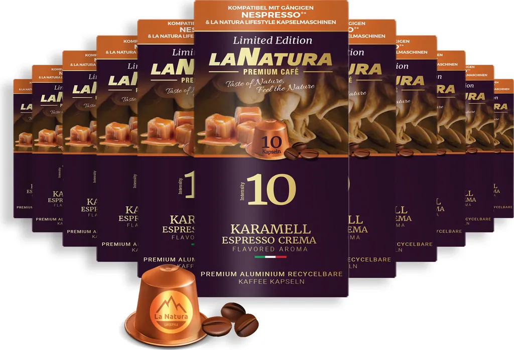 Caramel Espresso Crema Premium Coffee - 110 Coffee Capsules | La Natura Lifestyle Organic 616g | Bio-based | Nespresso®*³ compatible