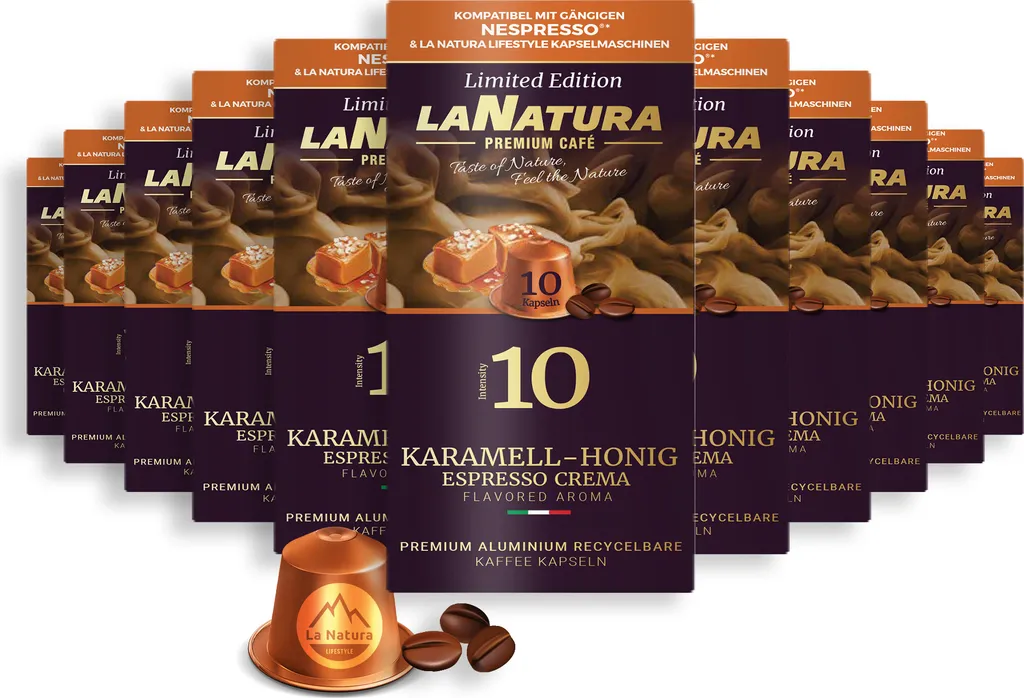 Caramel Honey Espresso Crema Premium Coffee - 110 Coffee Capsules | La Natura Lifestyle Organic 616g | Bio-based | Nespresso®*³ compatible