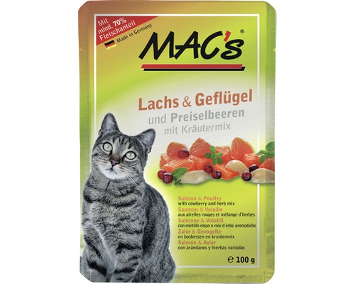 Wet cat food MAC's CAT Super food with adult salmon & poultry and minerals, catnip 100 g grain-free