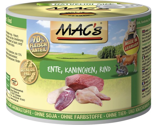 Wet cat food MAC's CAT Super food with duck, rabbit, beef 200 g grain-free