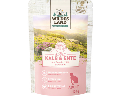 Wet cat food WILDES LAND veal and duck with cranberries with valuable superfoods, grain-free, gluten-free 100 g