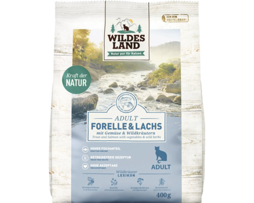 Dry cat food WILDES LAND Trout and Salmon Adult with vegetables and wild herbs with valuable superfoods, grain-free, gluten-free 400 g