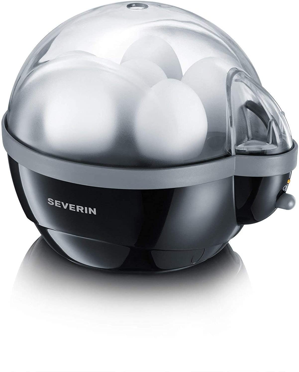 SEVERIN Egg Boiler for 6 Eggs, Includes Measuring Cup with Egg Picker, Egg Cooker with Beep After Cooking Time, Black, Approx. 420 W, EK 3165