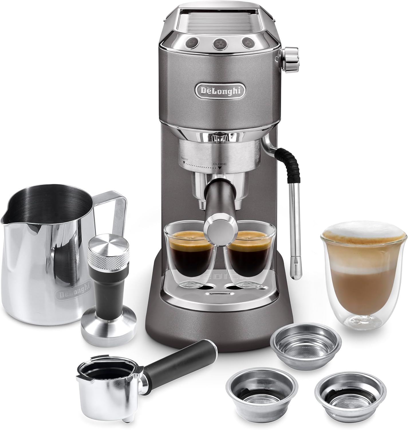 De\'Longhi Dedica Arte EC 885.​GY, Espresso Portafilter Machine, Espresso Machine with MyLatterArt Milk Foam Nozzle, Compact Design, 15 cm Wide, 1 Liter Water Tank, Suitable for E.S.E Pads, Gray