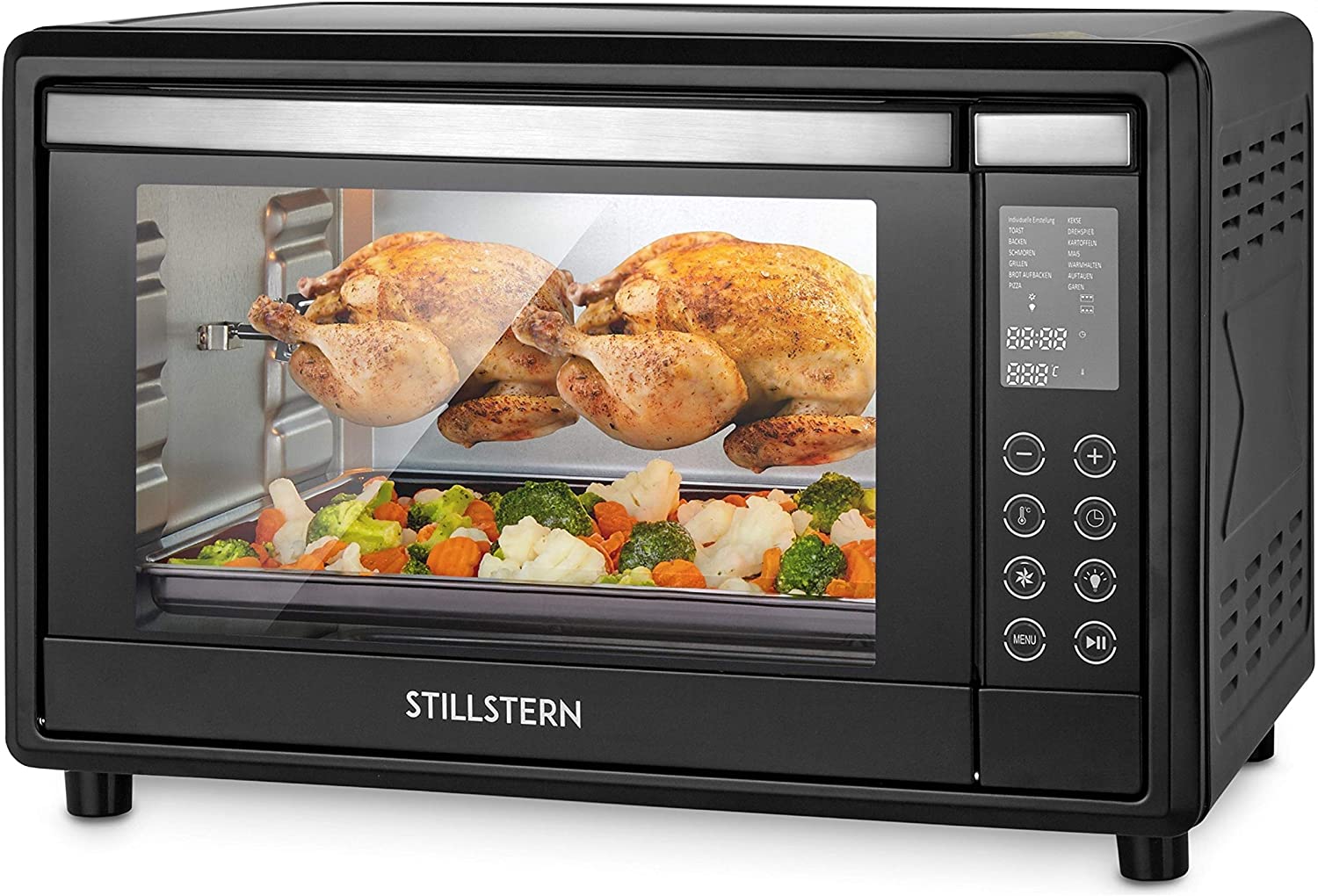 Stillstern Digital mini oven with convection (45 litres) oven gloves ✓ Recipe book ✓ Double glass door ✓ 2000W ✓ LED display ✓ 13 programmes ✓ Rotary spit ✓ Crumb plate ✓ Timer ✓ Interior lighting