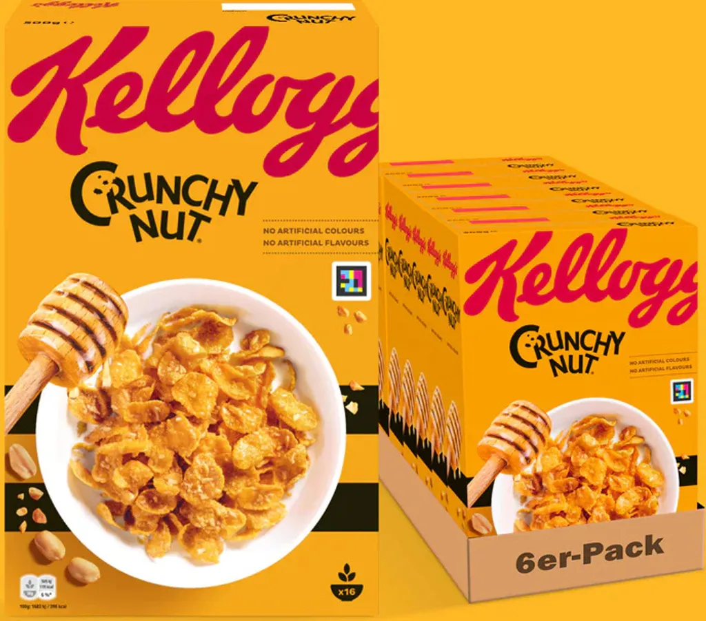 Kelloggs Crunchy Nut Cornflakes (6x 500g) – knusprige Frühstückscerealien mit Erdnüssen und Honig – ohne künstliche Farb- und Aromastoffe