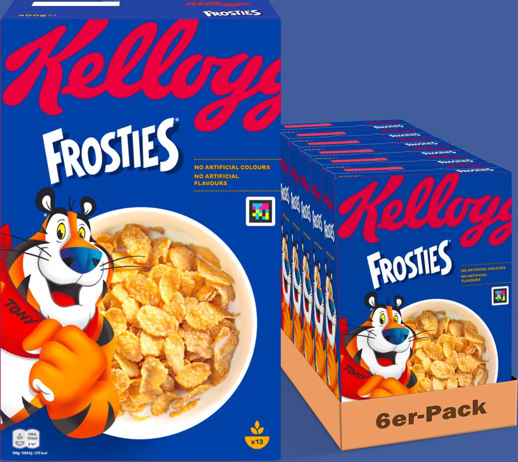 Kelloggs Frosties (6 x 400 g) – knusprige Cornflakes aus Mais mit leckerem Frosting – Frühstückscerealien ohne künstliche Farb- und Aromastoffe