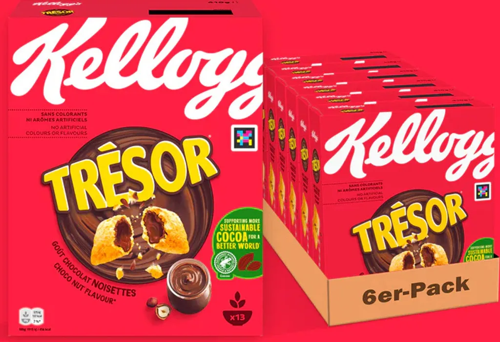 Kelloggs Tresor Choco Nut Flavour (6x 410g) – knusprige Frühstückscerealien mit schmelzender Schoko Creme Füllung mit Schokoladen-Haselnuss-Geschmack