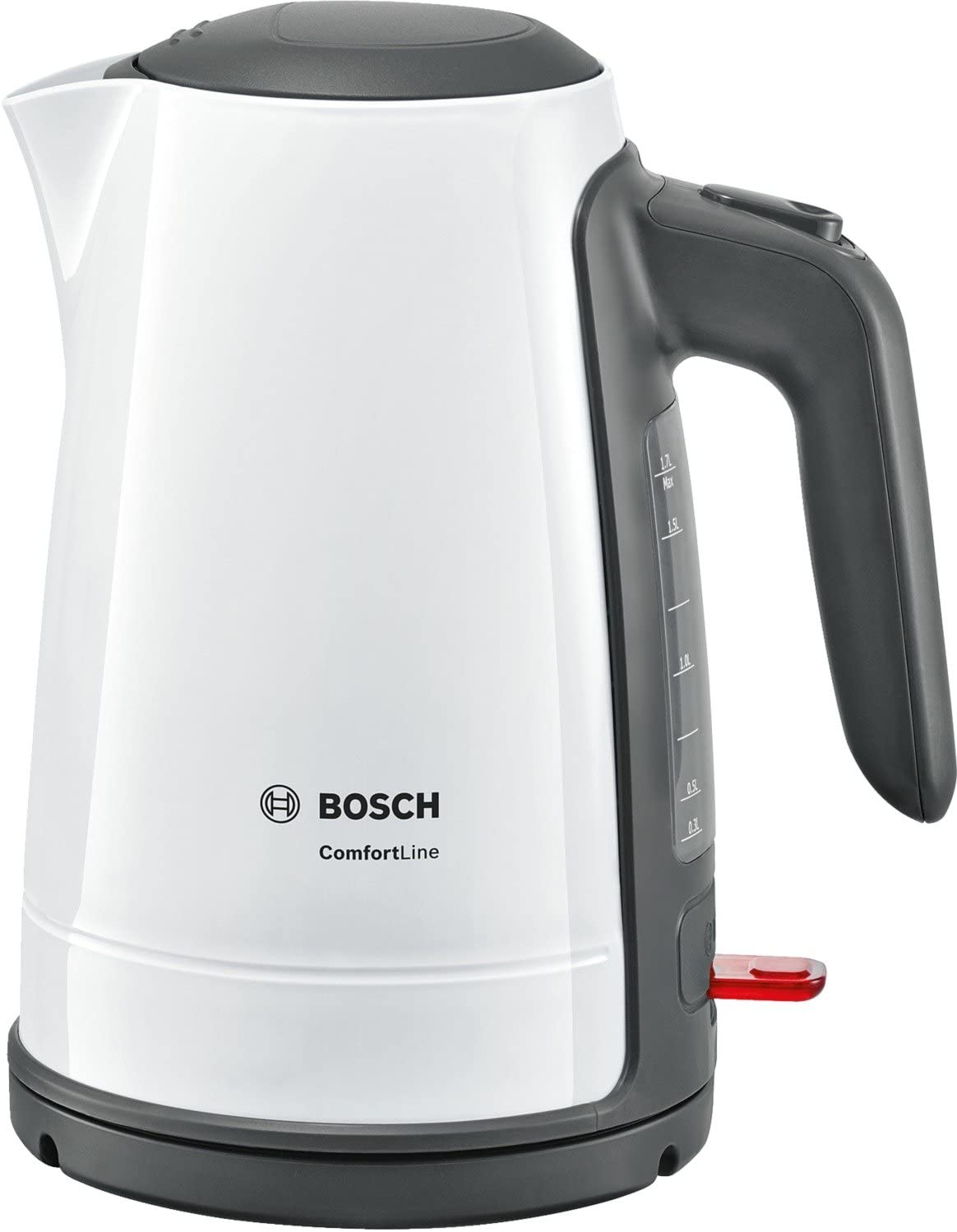 Bosch ComfortLine TWK6A011 Wireless Kettle, 1-Cup Function, Large Opening, Overheating Protection, Removable Limescale Filter, 1.7 L, 2400 W, White