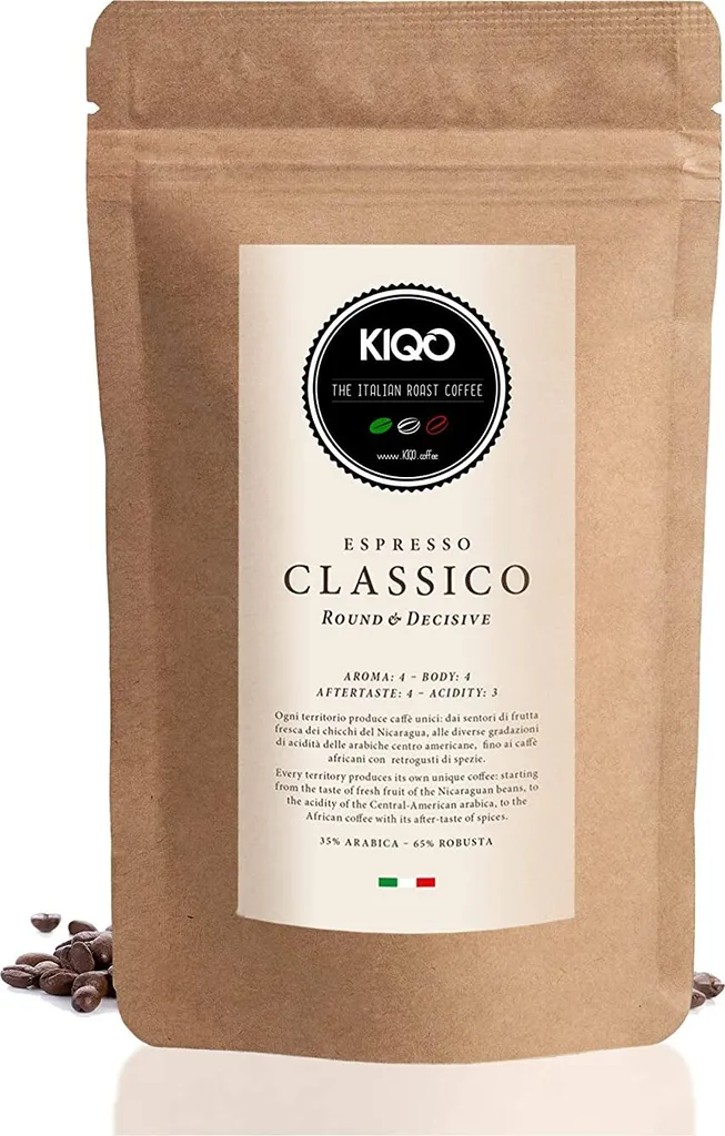 KIQO Classico 1kg Espresso from Italy | Roasted in gentle small batches | Low in acid | 35% Arabica & 65% Robusta beans (1000g - whole beans)