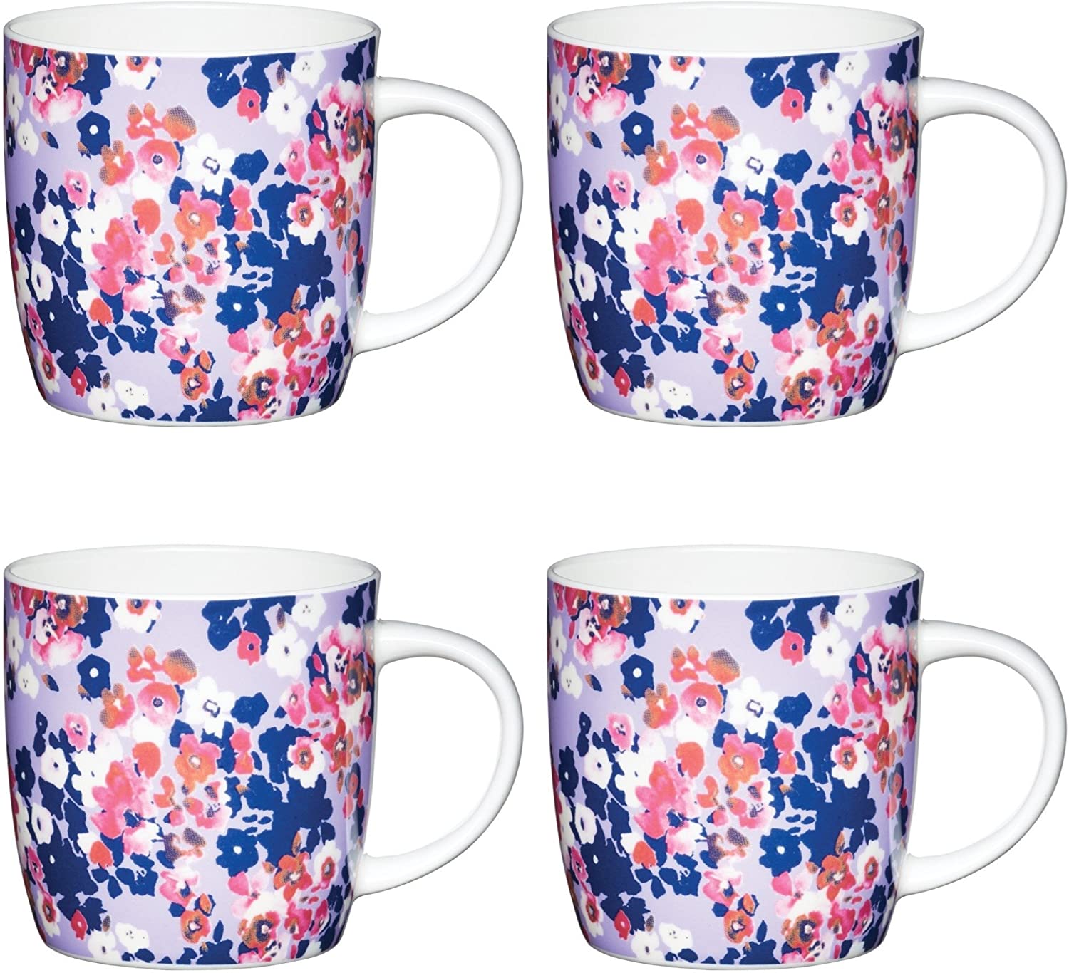 Kitchen Craft 425 ml Fine Painted Ditsy Floral Patterned Barrel Mugs, Set of 4, Bone China, Multi/Color, 8.9 x 12.4 x 9 cm