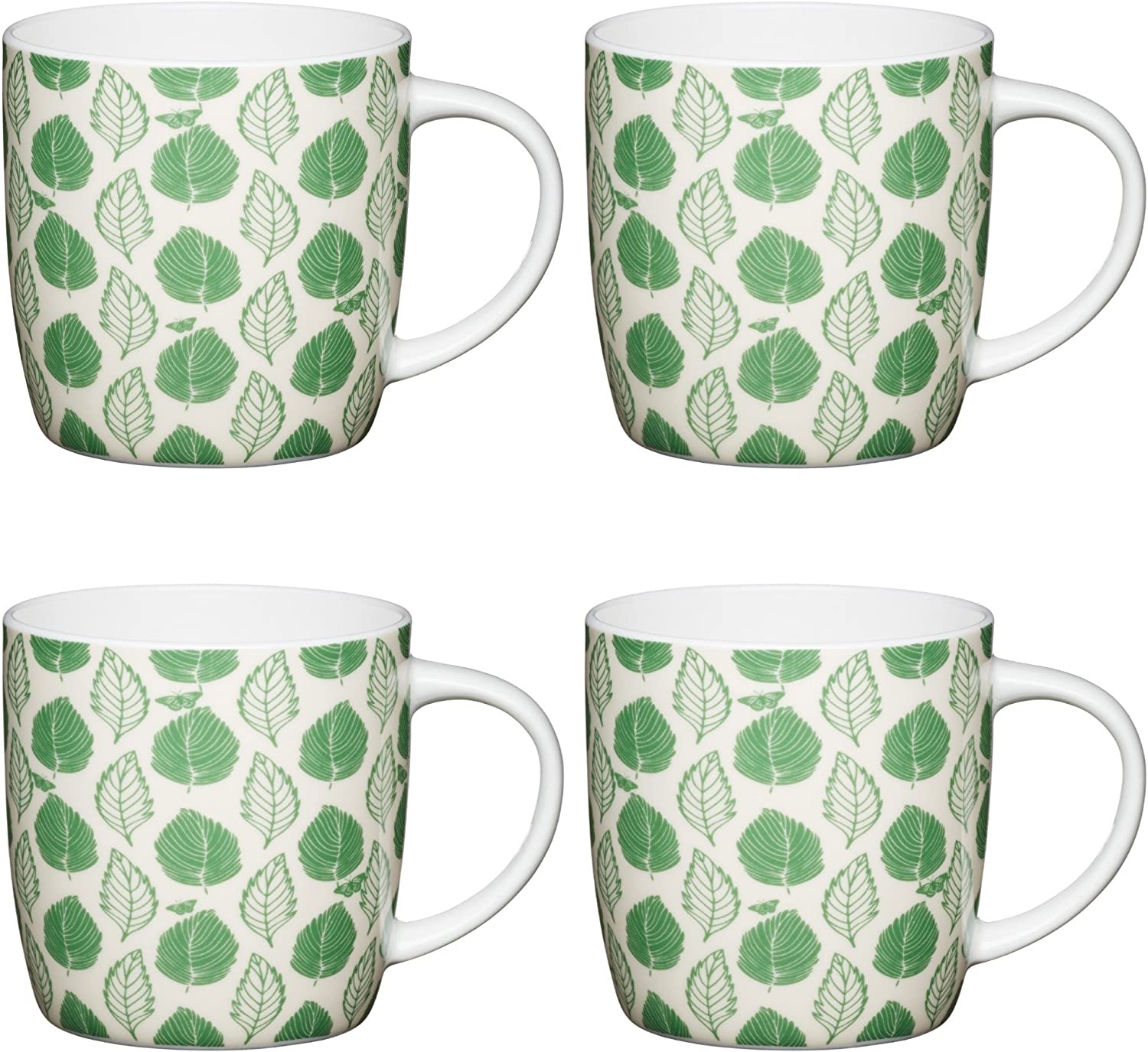 Kitchen Craft 425 ml Fine Leaf Nature Patterned Barrel Mugs (Set of 4) Green/White, Bone China, 8.9 x 12.4 x 9 cm, Green/White