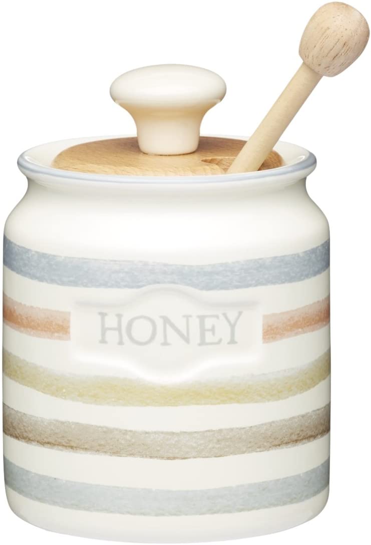 KitchenCraft KCCCHONEY ceramic honey pot with wooden spoon, from the Classic collection, striped, 450 ml, 8 x 8.5 x 13 cm