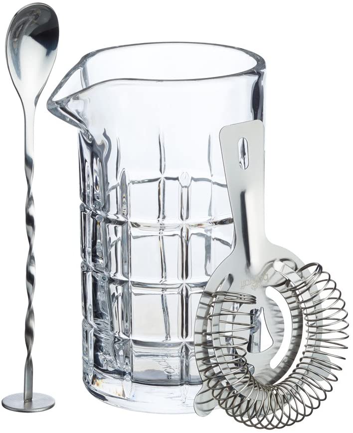 KitchenCraft BARCRAFT Cocktail Stirring Glass with Mixing Spoon and Strainer (Set of 3), Glass, Clear, 9.5 x 11 x 16.5 cm