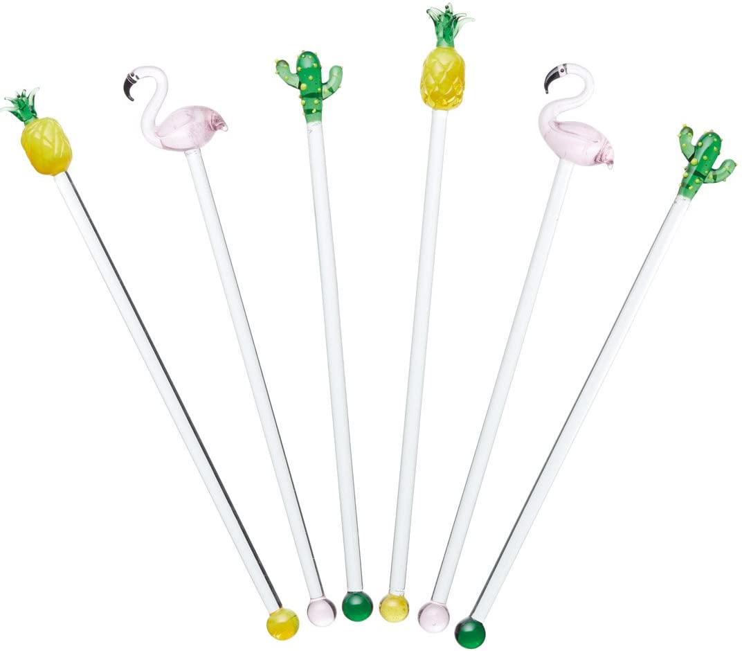 KitchenCraft BarCraft Tropical Style Glass Cocktail Stirrers Funny Reusable Drinks Accessories for Party Decoration with Cactus, Flamingo and Pineapple (6 Pieces)