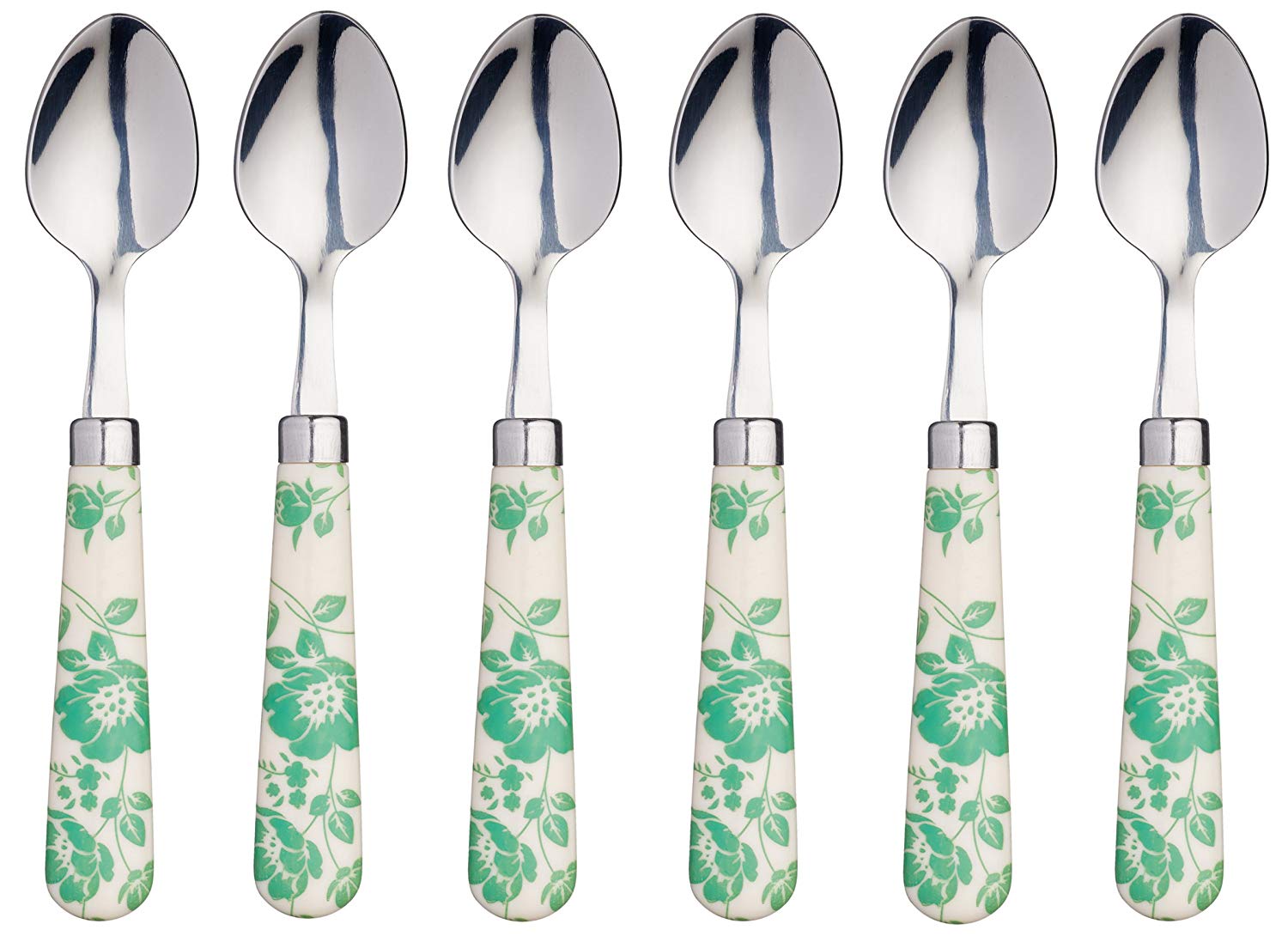 6 KitchenCraft Coloured Flower-Patterned Stainless Steel Teaspoons - Green 15.5 cm Set of 6