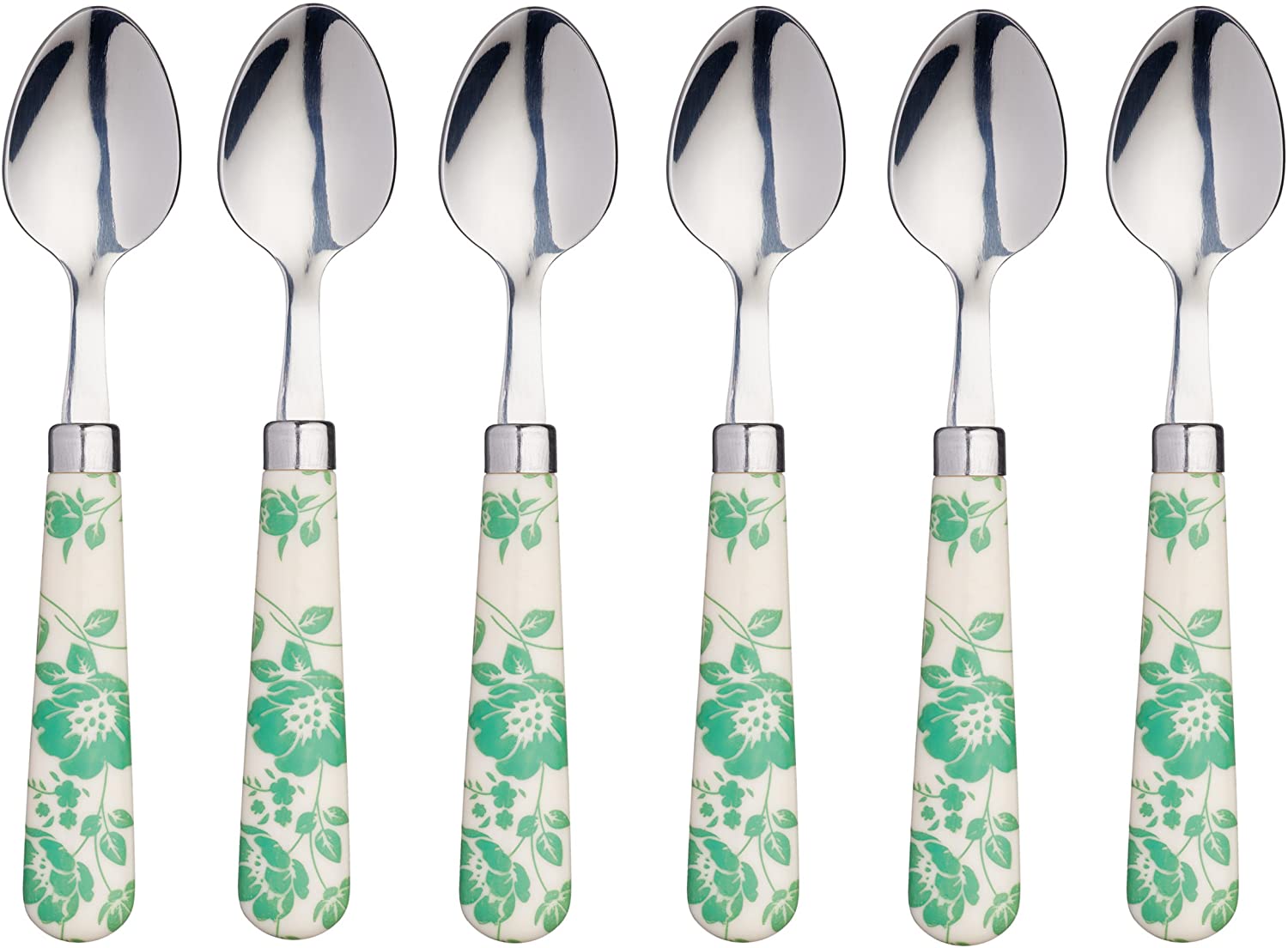 Kitchen Craft AMZKCTSPNFLRGRSETSix Tea Spoons with Colourful Floral Pattern, Stainless Steel, Green, 15.5 x 3 x 2 cm, 6 Units