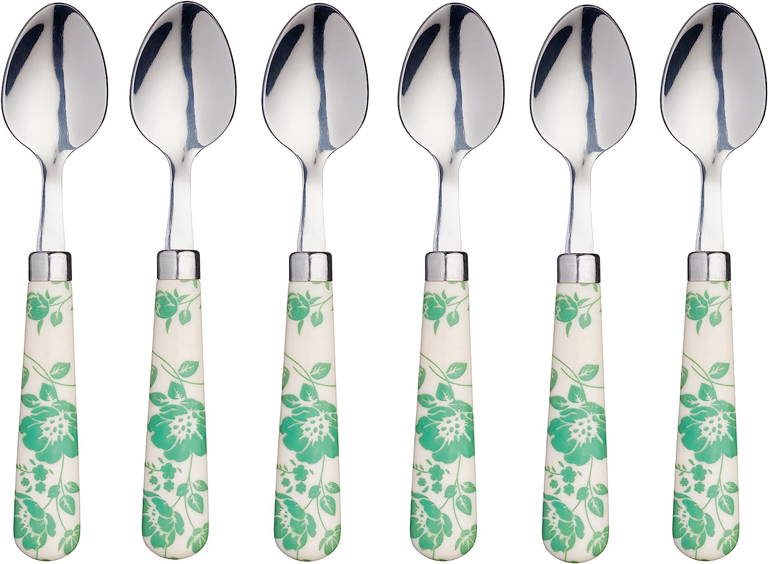 Kitchen Craft AMZKCTSPNFLRGRSETSix Tea Spoons with Colourful Floral Pattern, Stainless Steel, Green, 15.5 x 3 x 2 cm, 6 Units