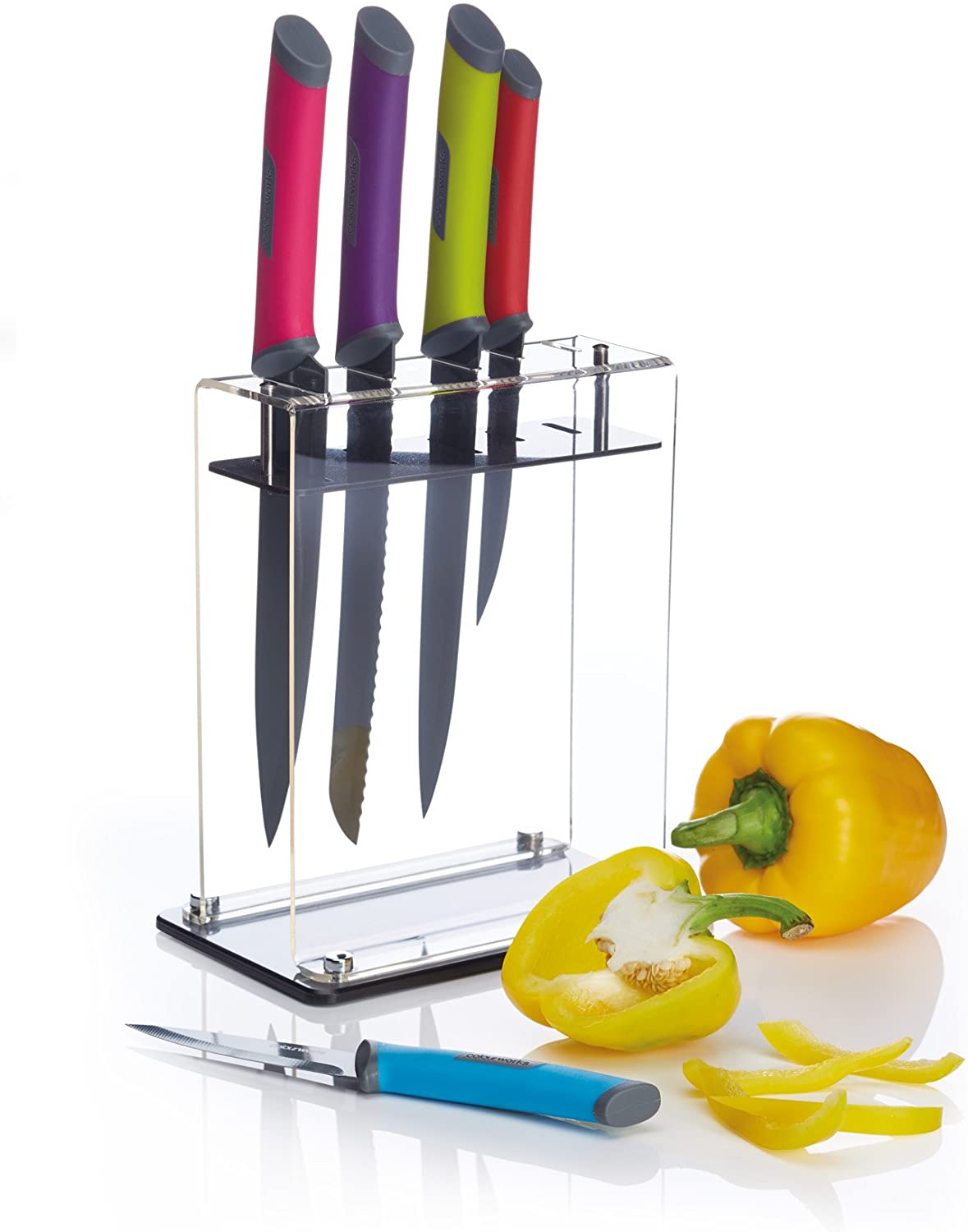 Kitchen Craft Colourworks Acrylic Knife Block 5 Piece Coloured Stainless Steel Knife Set, Multi, 12 x 19 x 37 cm 6 Units