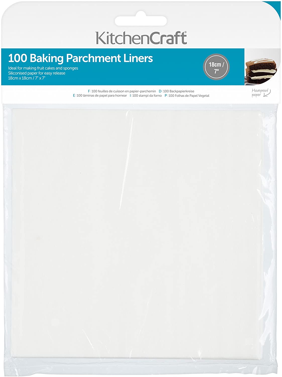 KitchenCraft Greaseproof Non-Stick Baking Paper, 18 cm (7 Inches) Square (Pack of 100), Paper, White, cm, 18 x 18 x 0.1 cm, 1 Unit