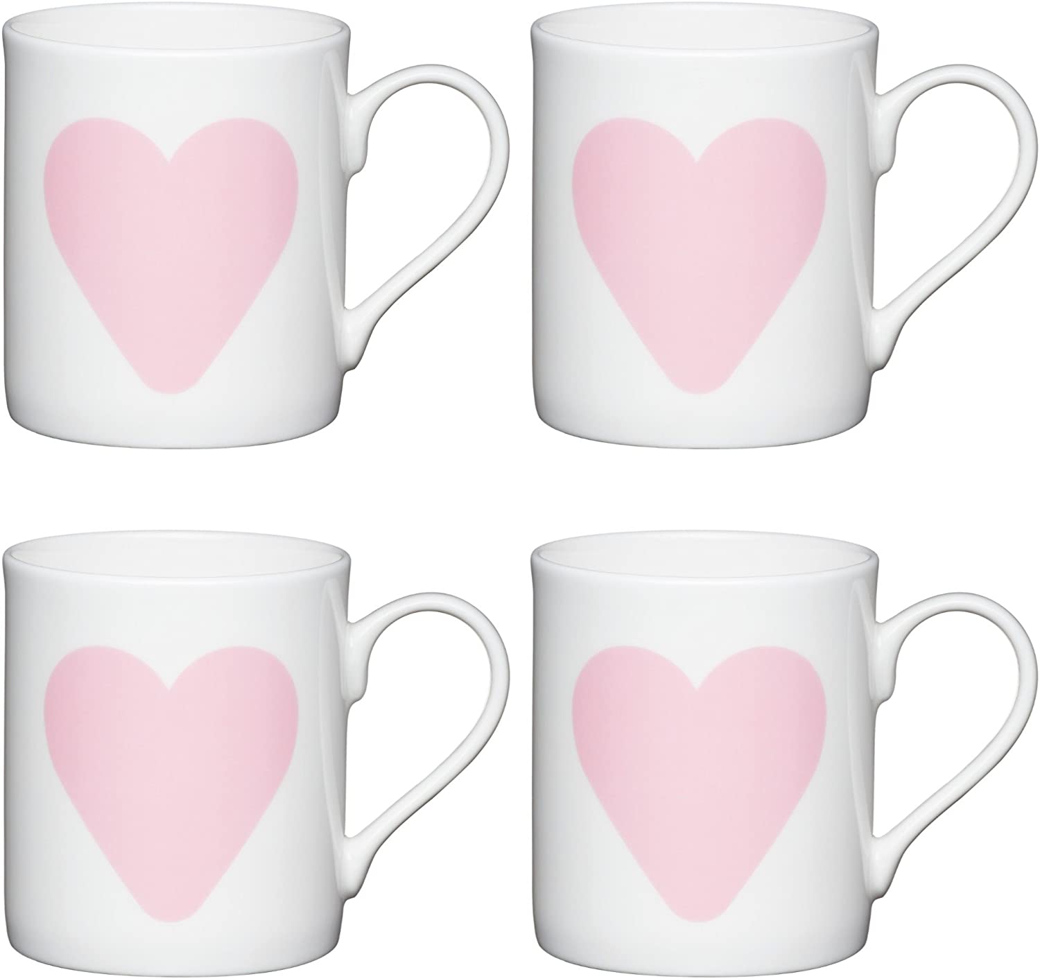 Kitchen Craft Fine Big Heart Children Small Printed Cup, 250 ml Set of 4, Bone China, White/Pink, 10.5 x 7.5 x 8.5 cm