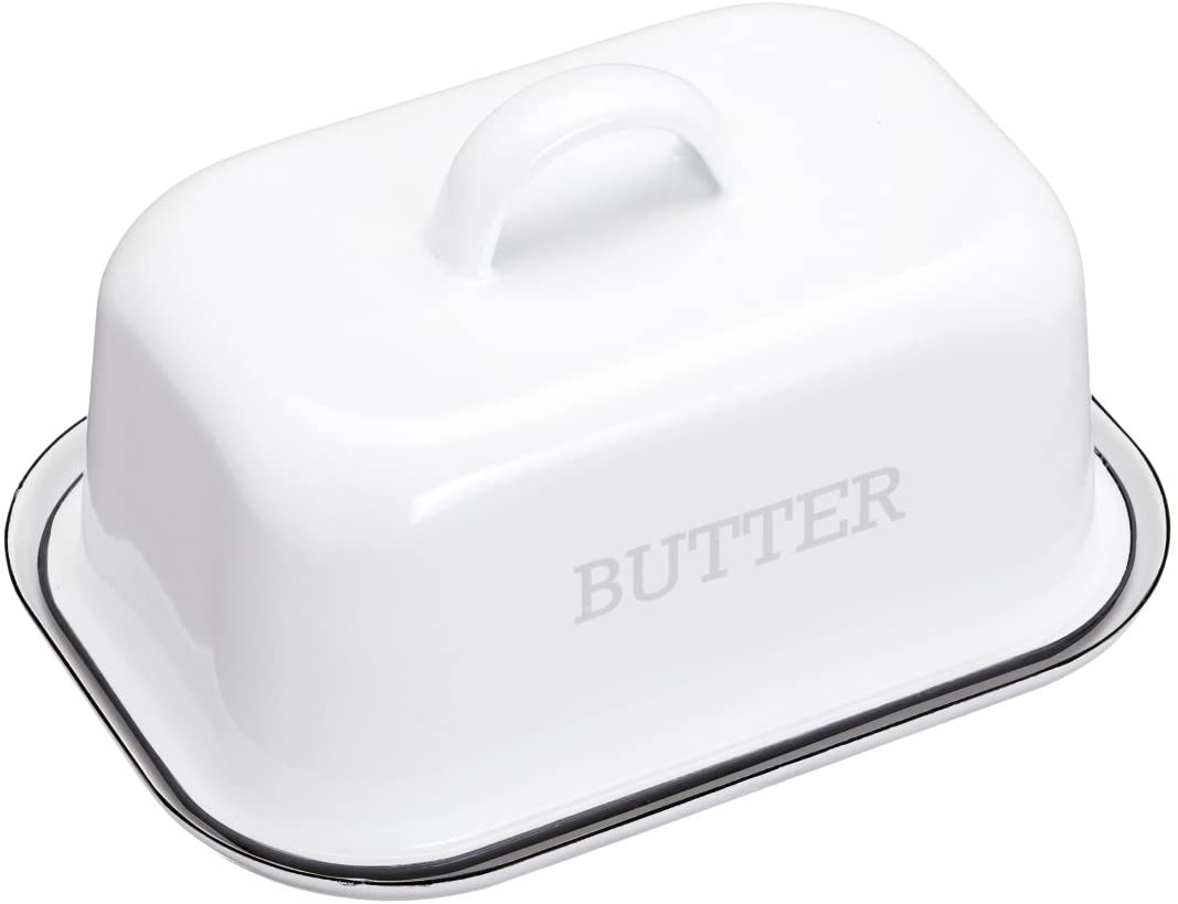 KitchenCraft Living Vintage Style Enamel Butter Dish with Lid - White with Grey Border