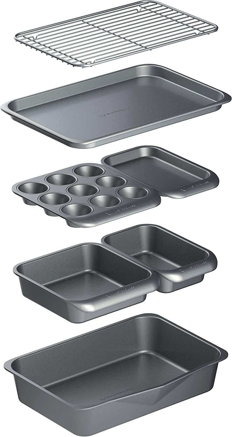 KitchenCraft MasterClass, 7-piece baking dish set, non-stick coated, stackable: frying pan, square cake tin, loaf tin, muffin tray, two baking trays and cooling rack, gift box.