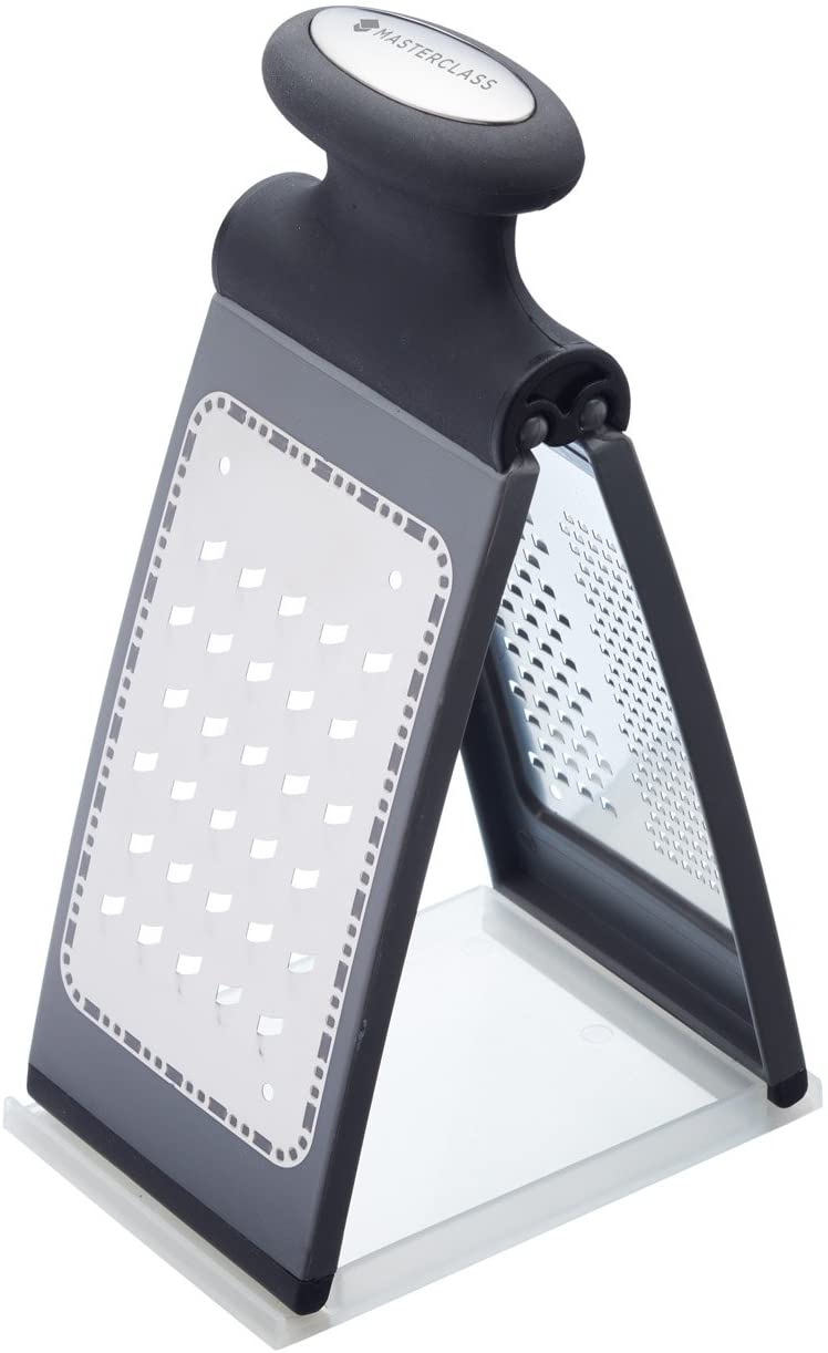 MasterClass Smart Space Cheese Grater with Container, Foldable Grater for Parmesan or Vegetables, Non-Slip Base, Plastic and Stainless Steel, Various Grating Surfaces, with Handle, 12 x 8.5 x 21 cm