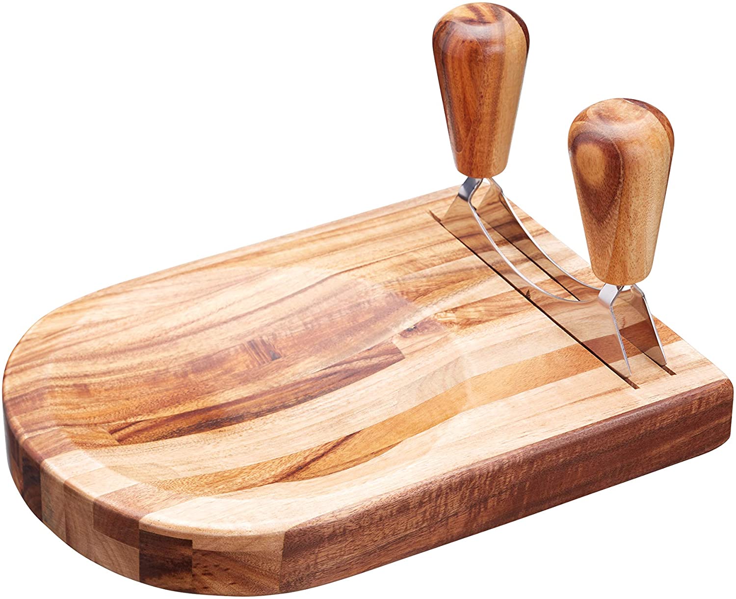 KitchenCraft Natural Elements Chopping Knife with Chopping Board, Traditional Double-Edged Mezzaluna Knife, Acacia Wood Board with Knife Holder and Cutting Holder, 14 x 18 x 25 cm