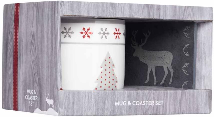 \'Kitchen Craft \"We Love Christmas Tree Shaped Novelty Cup and Slate Coasters Gift Set, Multi-Colour