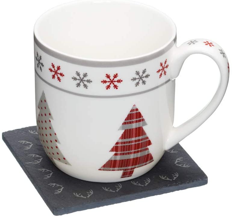 KitchenCraft \'Kitchen Craft \"We Love Christmas Tree Shaped Novelty Cup and Slate Coasters Gift Set, Multi-Colour