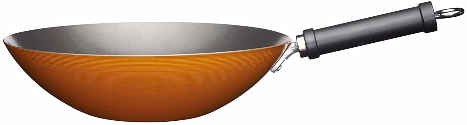 KitchenCraft Kitchen Craft World of Flavours Chinese non-stick carbon steel Wok – 30 cm 12 Inch – Yellow