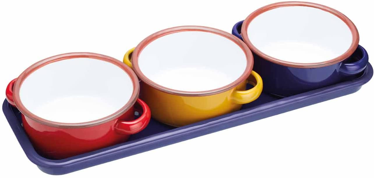 WORLD OF FLAVOURS KitchenCraft Enamel Serving Bowls, Tapas Bowls with Tray, Serving Tray with Serving Bowls, Serving Plate with 3 Bowls, 11.5 x 13.5 x 5 cm, Multi-Colour