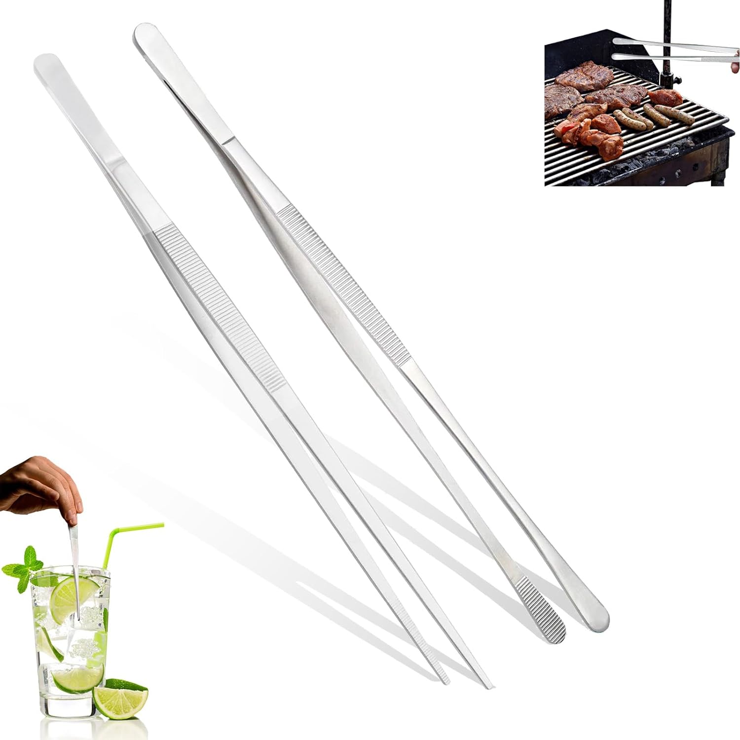 Kitchen Tweezers, 30 cm Cooking Tweezers Stainless Steel, Pack of 2 Tweezers Kitchen, Barbecue Tweezers Long, Meat Tweezers for Use Cooking, Grilling, Baking and Meat Tongs, Pointed / Round