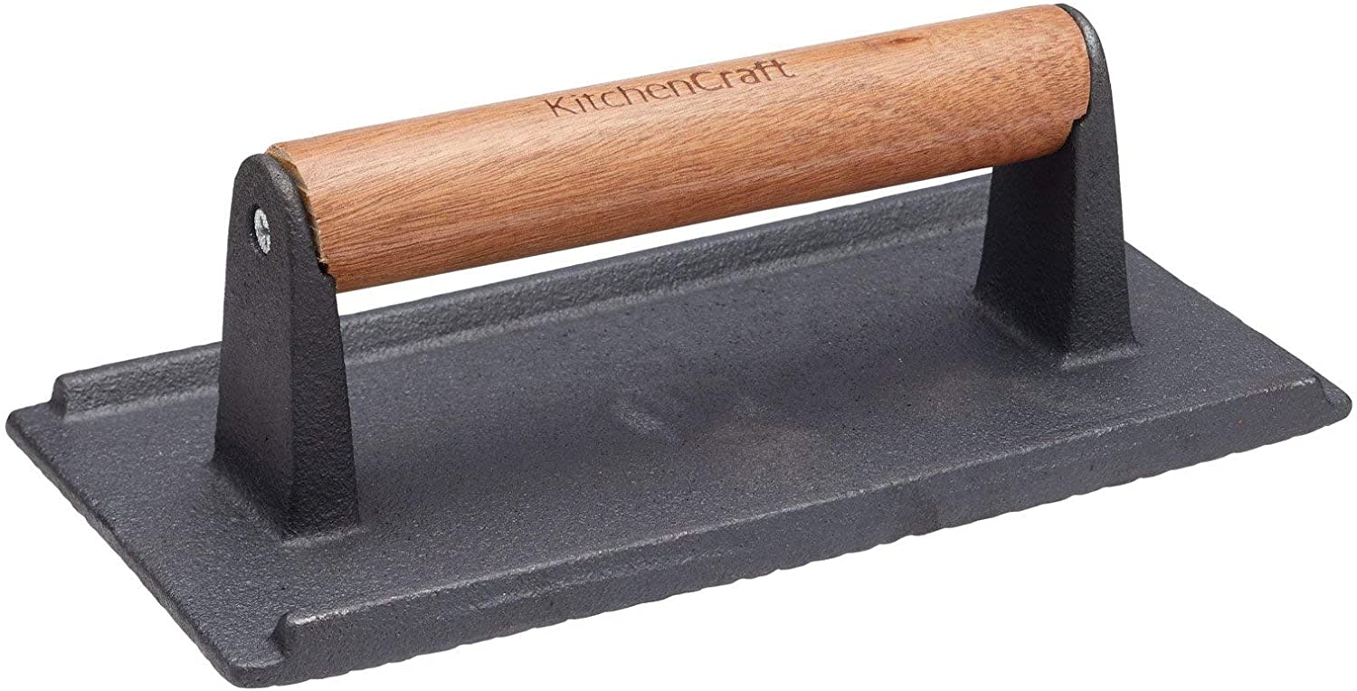 KitchenCraft Grill Press, Cast Iron with Wooden Handle, Meat Press, Textured Pressing Surface, 21 cm x 11 cm x 8 cm