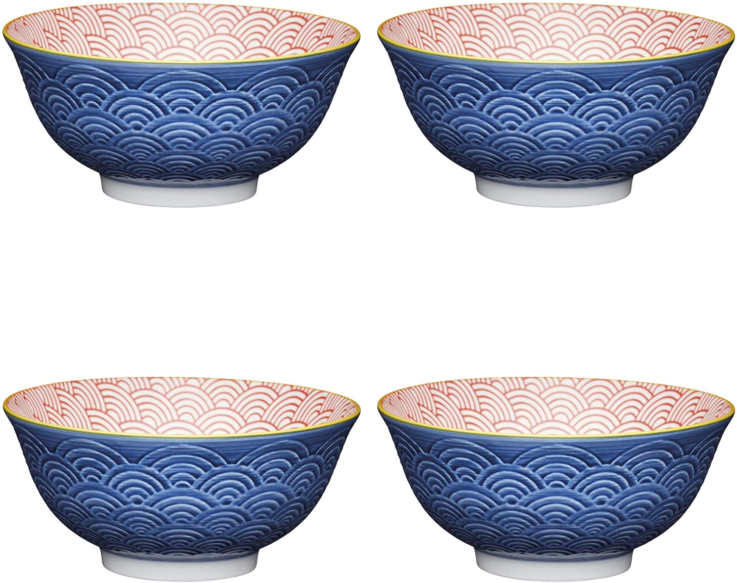 KitchenCraft Decorative Japanese Wave Stoneware Ceramic Bowl, Multi-Colour, 15.5 cm, Set of 4