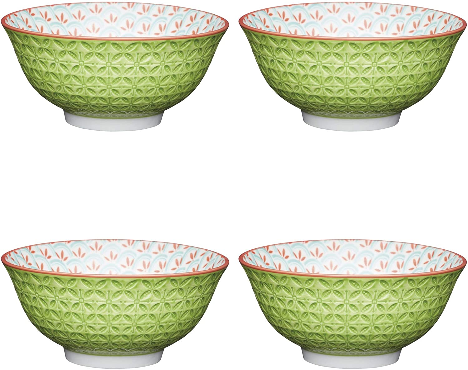 KitchenCraft ECMKCBOWL31SET Stoneware Embossed Geometric Pattern Ceramic Bowl Set, Multi-Colour