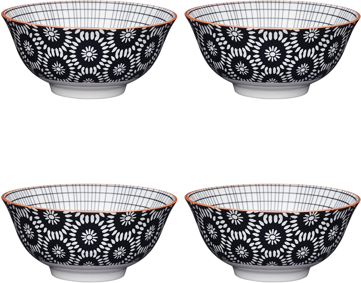 KitchenCraft 1-Piece Stoneware Daisy Flower Monochrome Ceramic Bowl, Black/White, 15.5 cm, Set of 4