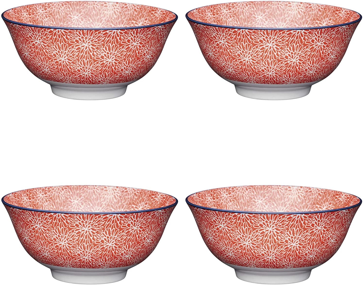 KitchenCraft Japanese Floral Stoneware Ceramic Bowl, Red/ White, 15.5 cm, Set of 4
